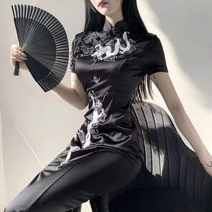 暗黑新中式 旗袍性感国风刺绣裙长款 礼服改良连衣裙女 复古黑色大码