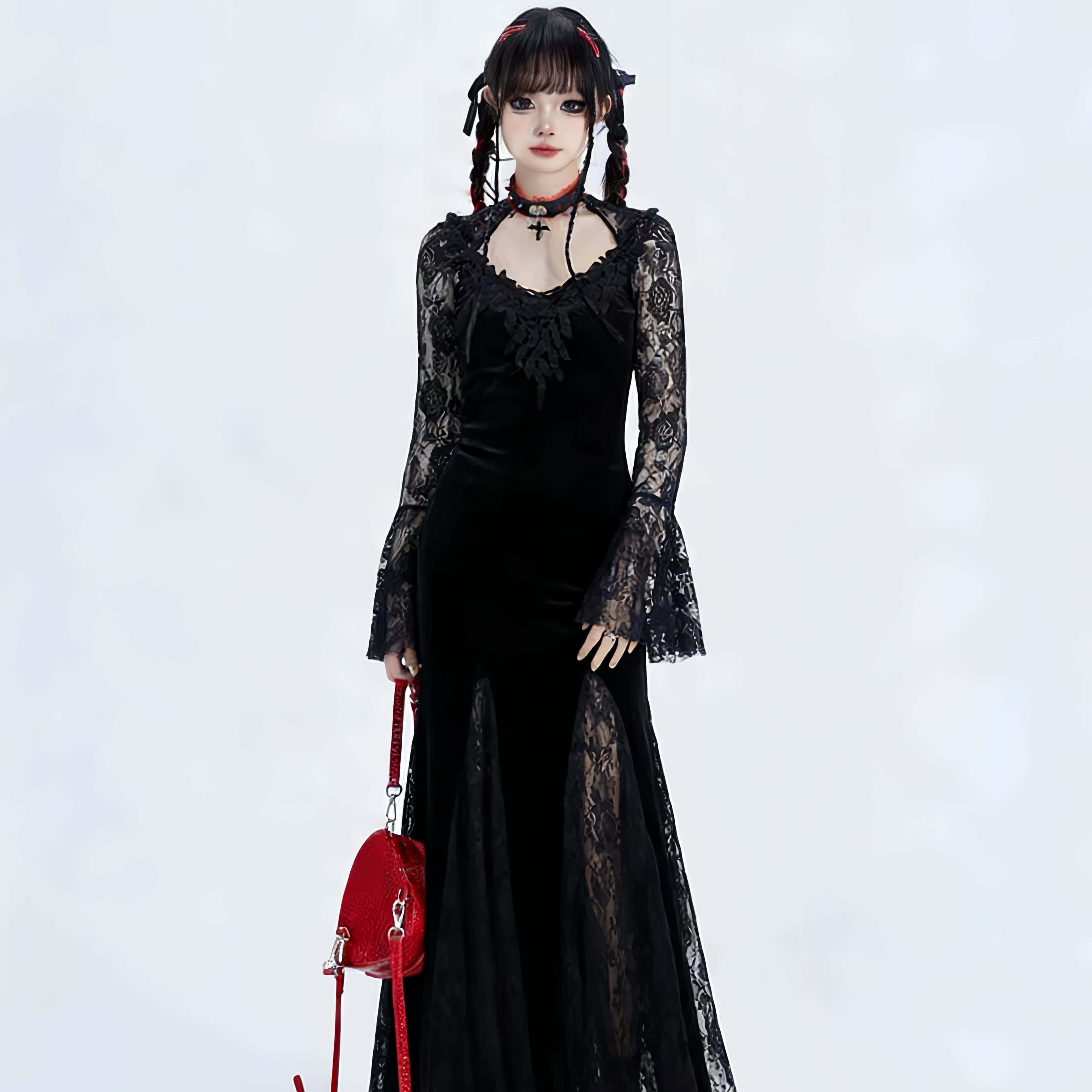 Wannthis暗黑风蕾丝鱼尾连衣裙女黑色修身长袖气质显瘦party长裙,女装/女士精品,连衣裙,淘宝优惠券,粉丝福利购,淘宝优惠卷