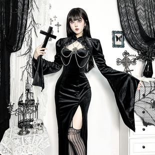 Wannathis暗黑风哥特丝绒连衣裙喇叭袖 女巫cos服穿搭 辣妹坎肩罩衫