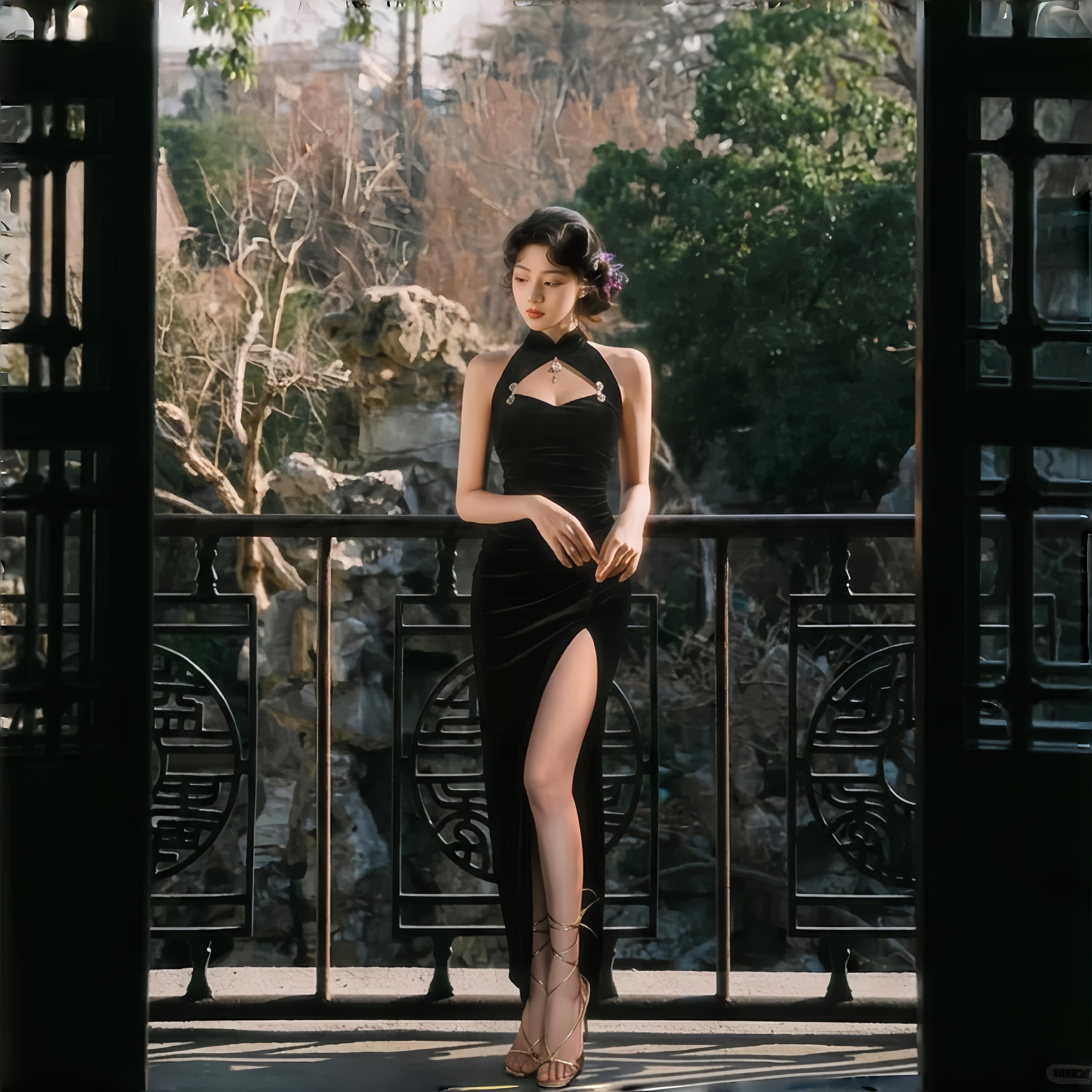 黑色挂脖新中式修身旗袍礼服图片