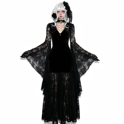 暗黑魔女服装黑色蕾丝长袖连衣裙