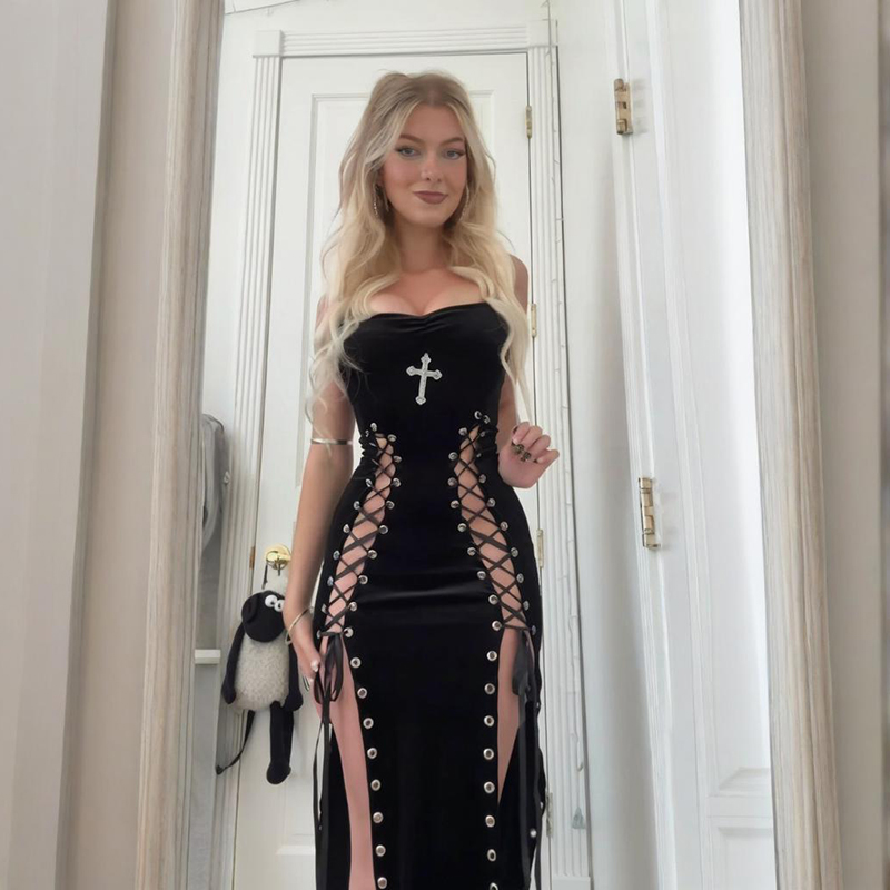 亚文化黑色吊带连衣裙舞台打歌服