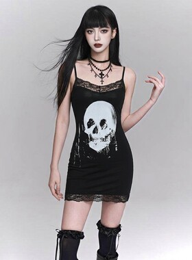 Wannathis亚文化辣妹包臀裙骷髅印花连衣裙亚比性感黑色吊带短裙
