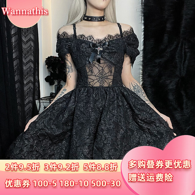 速发暗黑系肩文化镂空蕾丝一字裙连衣裙亚亚收腰黑色哥特lita公主