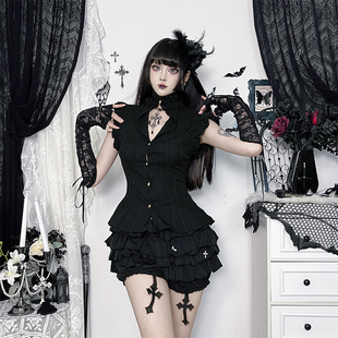 衬衫 Wannathis哥特风黑色短袖 辣妹穿搭亚比y2k上衣蓬蓬半身裙子