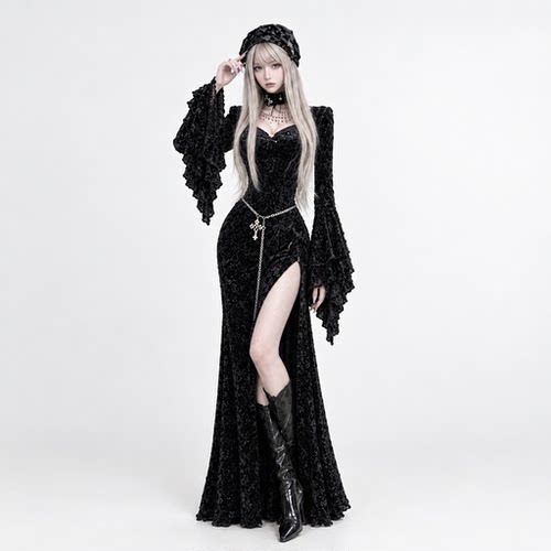 万圣节哥特黑丝绒喇叭袖修身礼服