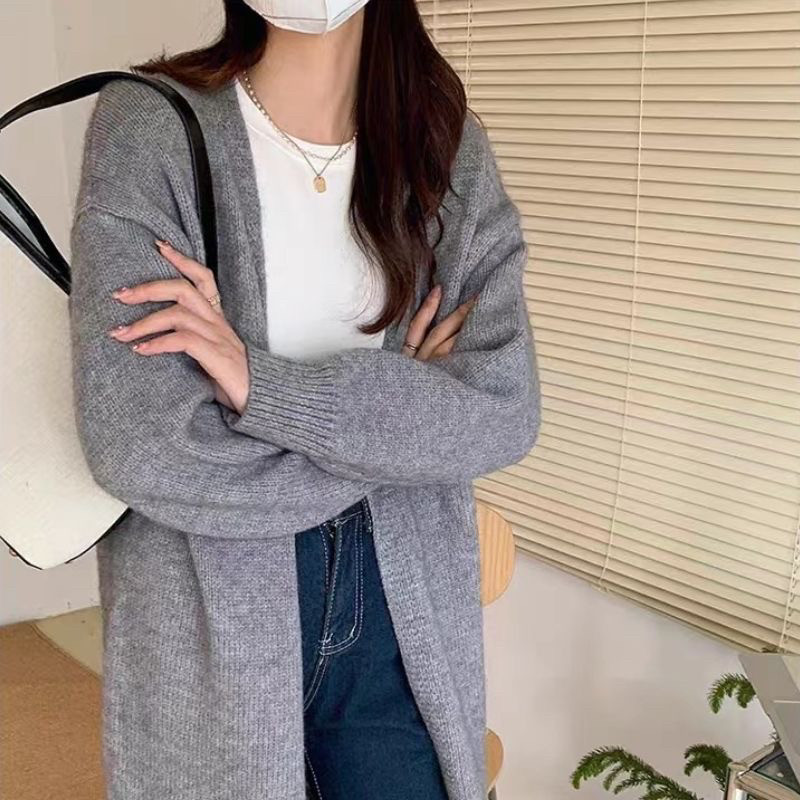 2024秋冬新款中长款羊毛针织开衫女过膝外搭慵懒风羊毛毛衣厚外套