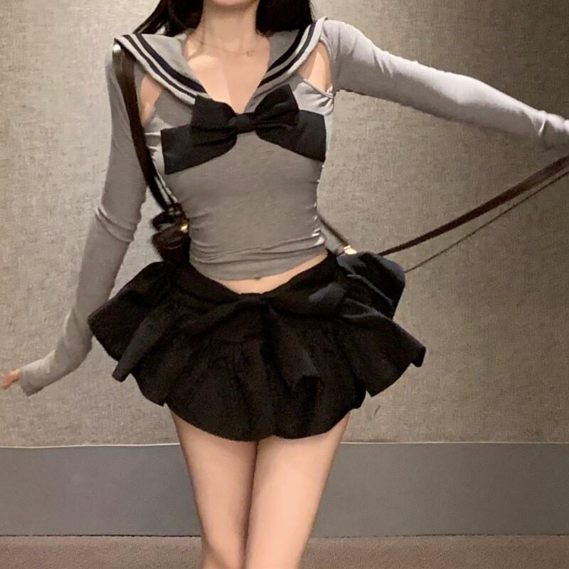 性感辣妹长袖蝴蝶结灰色上衣女装秋季两件套高腰蓬蓬半身短裙套装