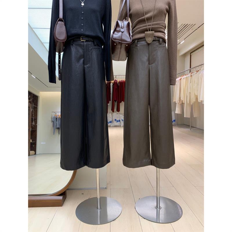 韩系新款时尚PU皮裤纯色显瘦高腰宽松直筒阔腿长裤秋冬裤子女装潮