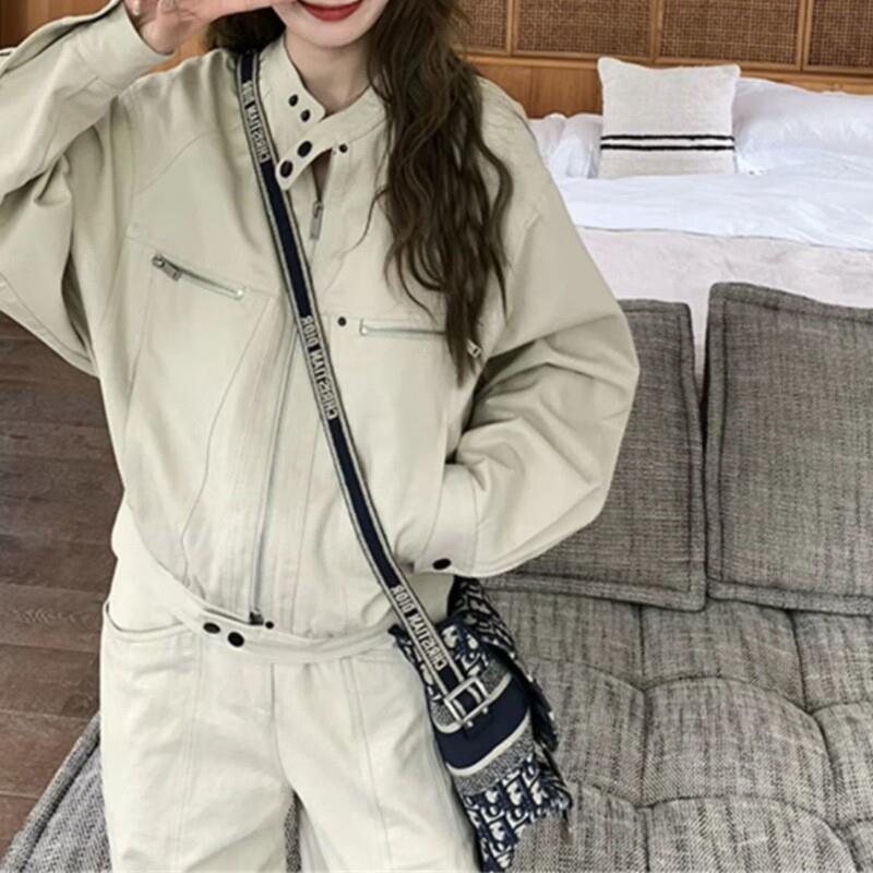 网红同款修身时髦夹克高腰工装裤套装女2026年春秋装新款酷酷外套
