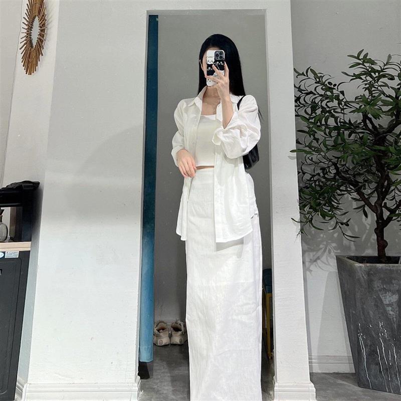气质时尚白色长袖衬衫女装2026年新款搭配显瘦半身裙休闲百搭套装