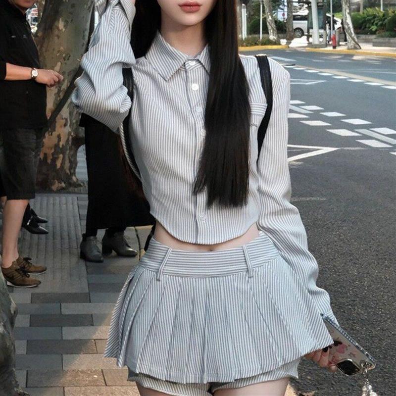 韩系学院风衬衫套装女春秋甜辣妹洋气乖巧收腰衬衣百褶裙两件套