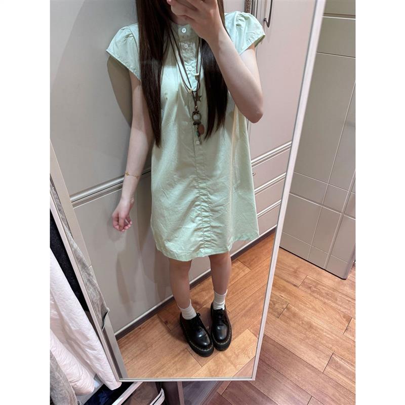 森系小清新绿色飞飞袖连衣裙女夏季休闲通勤显白度假宽松显瘦短裙