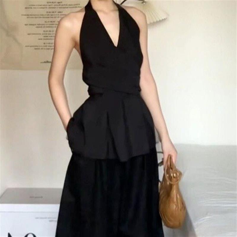 法式黑色v领挂脖无袖衬衫女夏季高级感气质收腰系带露背上衣套装