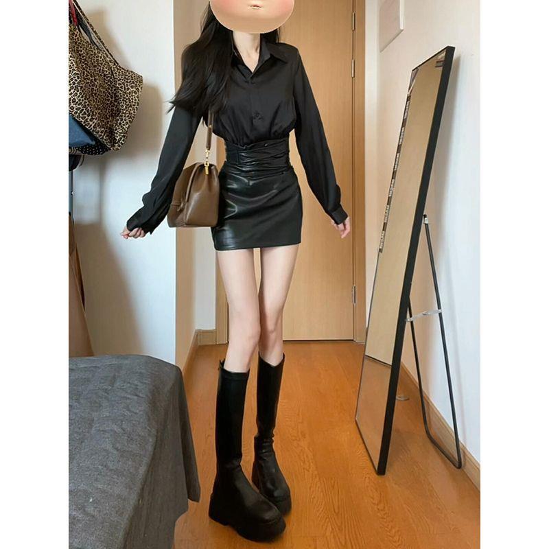 黑色性感长袖衬衫女2026年春季辣妹收腰显瘦包臀短裙两件套装裙子