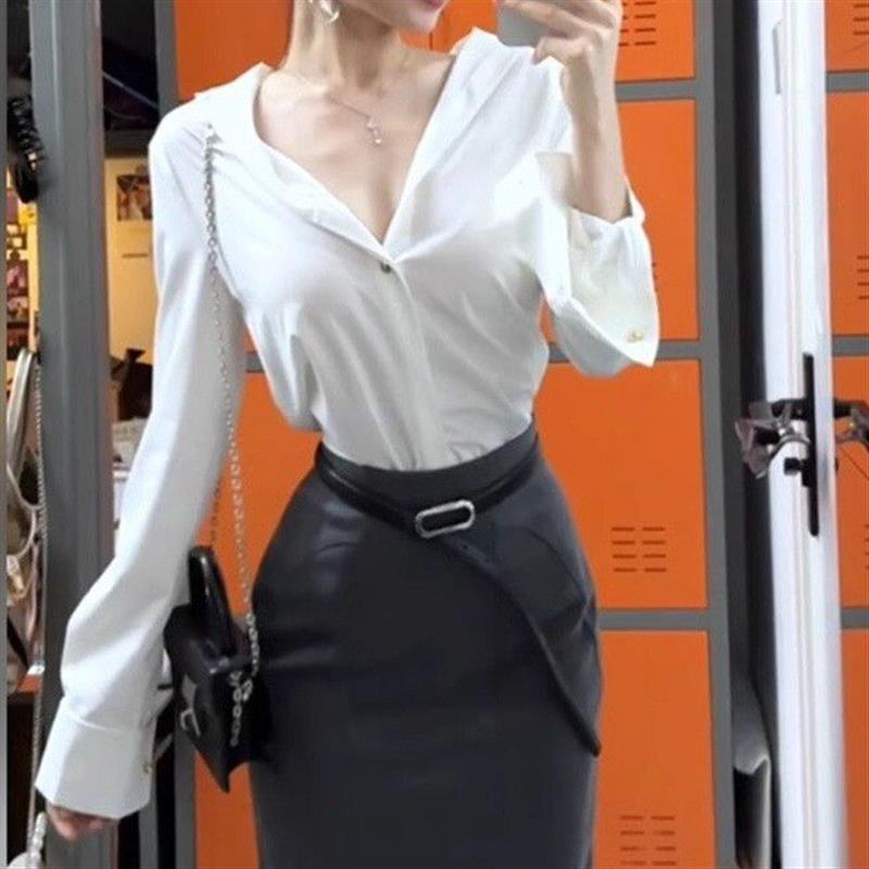 高级感气质通勤白色V领长袖衬衫女春季时尚百搭半身长裙御姐套装