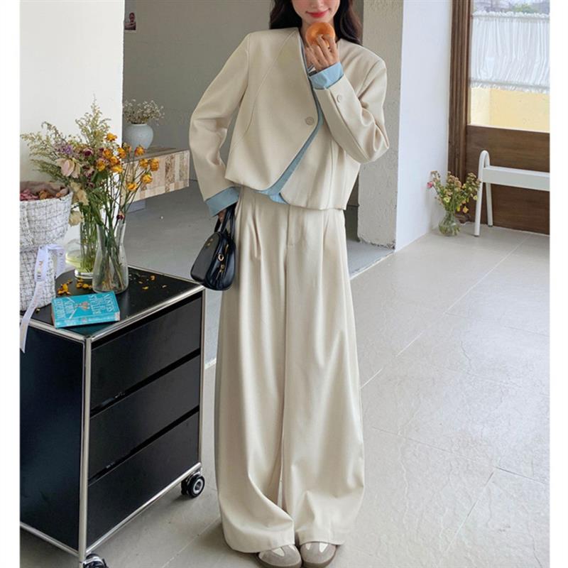 韩系简约西装阔腿裤套装女款2026年春秋季新款高级感气质两件套