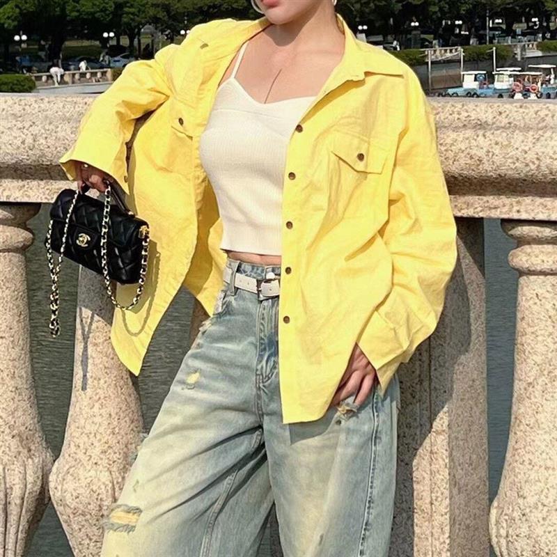 黄色显白减龄polo领衬衫外套女夏季气质宽松显瘦百搭长袖外搭衬衣