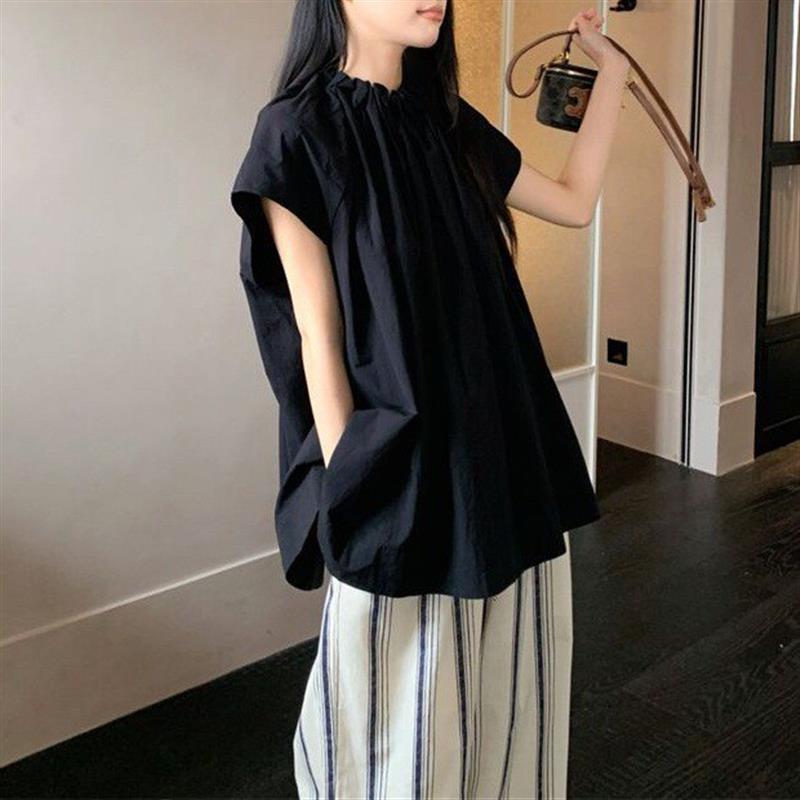 新款韩系慵懒风宽松休闲设计感黑色衬衫女装2026夏季竖条纹阔腿裤