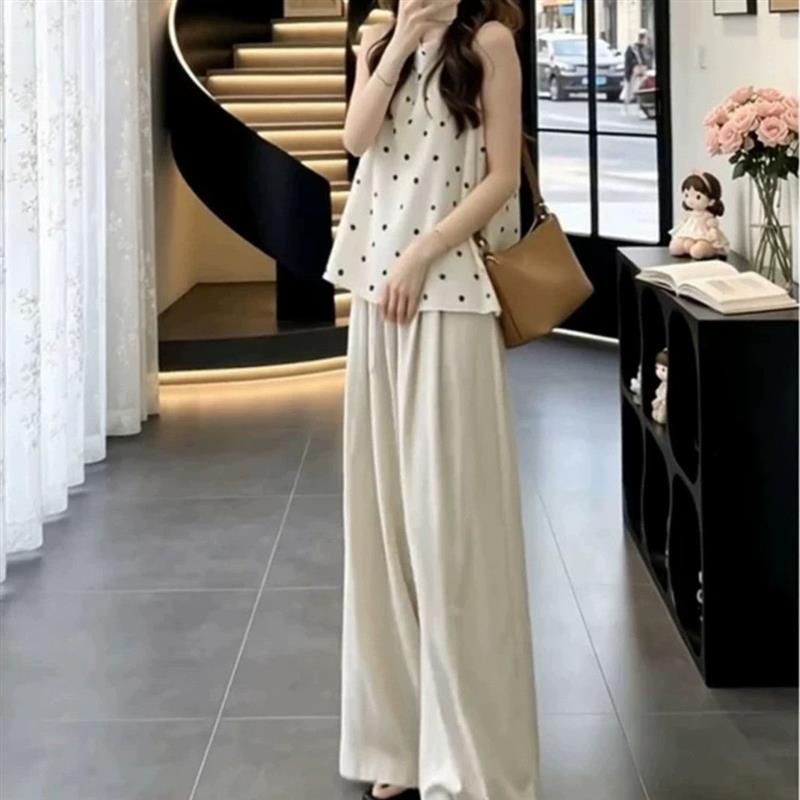 韩系甜妹休闲套装女夏宽松显瘦时尚韩版无袖背心上衣阔腿裤两件套