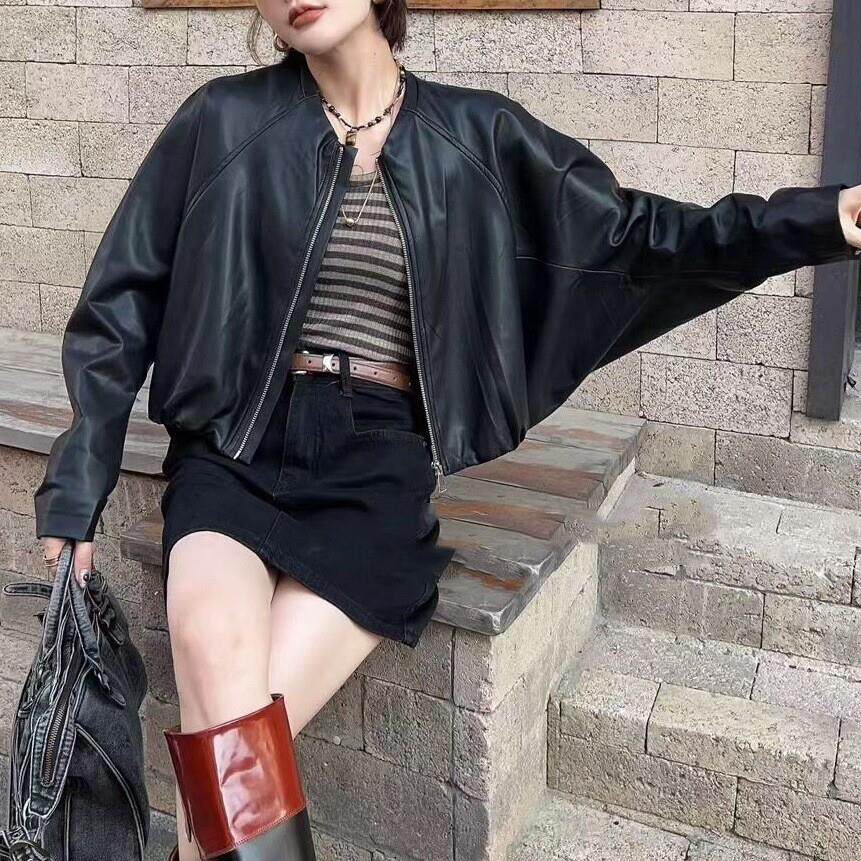 2026春秋新款蝙蝠侠宽松休闲版型皮衣女百搭显瘦长袖pu软皮上衣潮