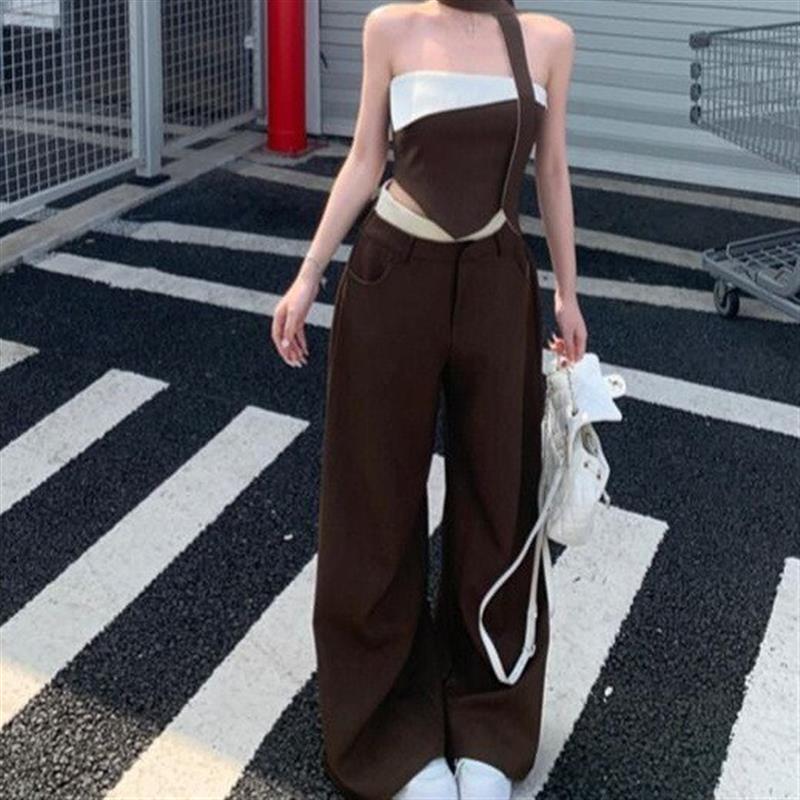 美式辣妹套装女露肩抹胸背心夏季撞色拼接阔腿裤宽松休闲裤两件套