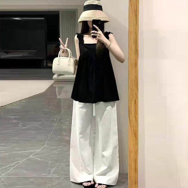 韩系套装夏季高级感穿搭法式黑色木耳边吊带背心休闲阔腿裤两件套