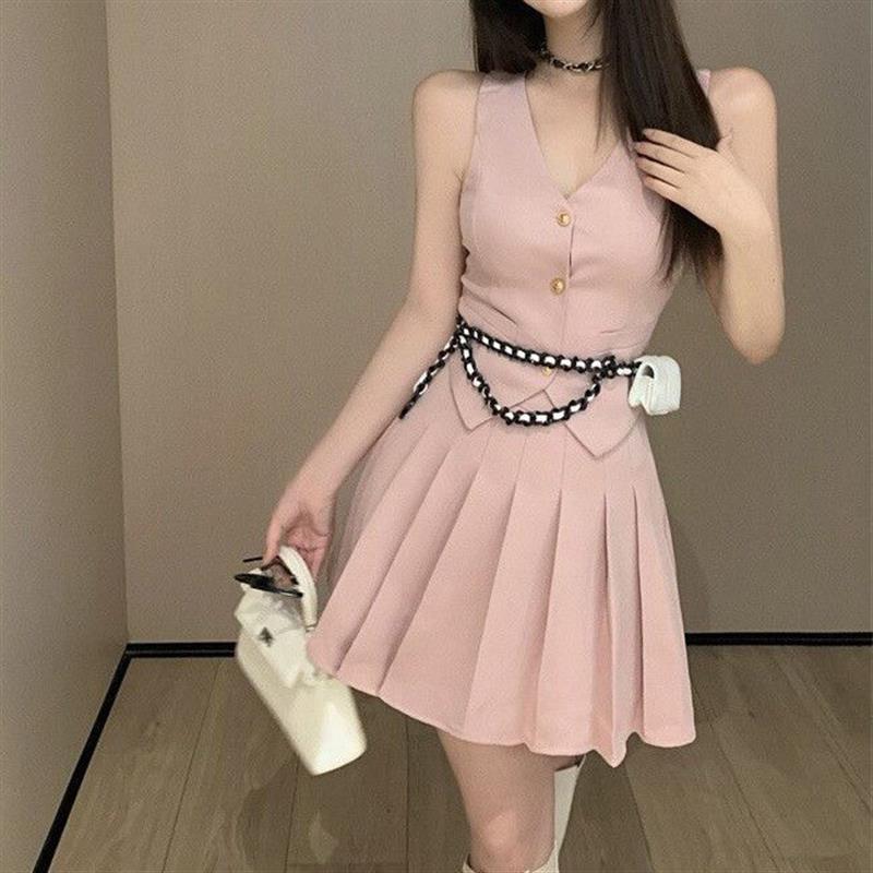 纯色无袖西装背心马甲女夏季小香风套装高腰百褶半身短裙子两件套