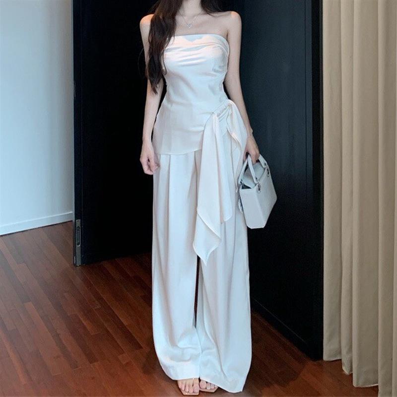 辣妹高级感不规则绑带收腰短款无袖抹胸背心女高腰显瘦阔腿裤套装