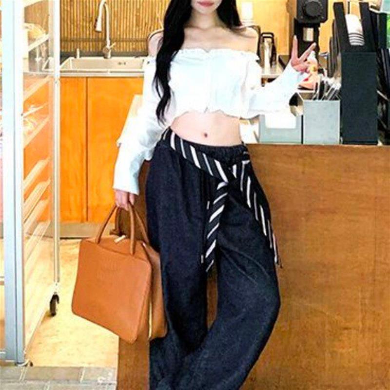 一字肩修身白色长袖衬衫女春季荷叶边纯欲衬衣设计感小众短款上衣