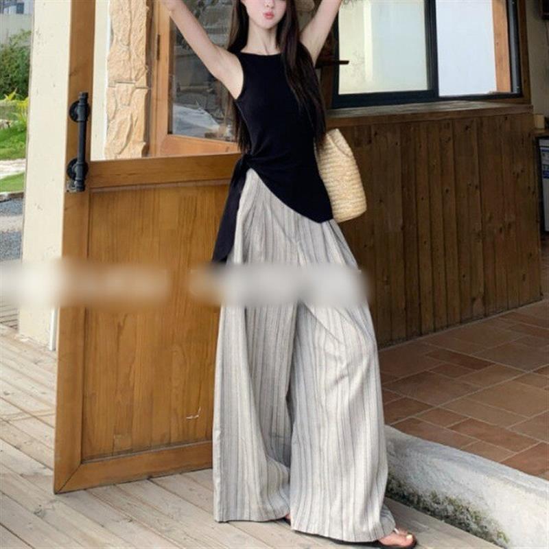 韩系套装高级感黑色背心飘带上衣女装夏条纹复古阔腿宽松高腰长裤