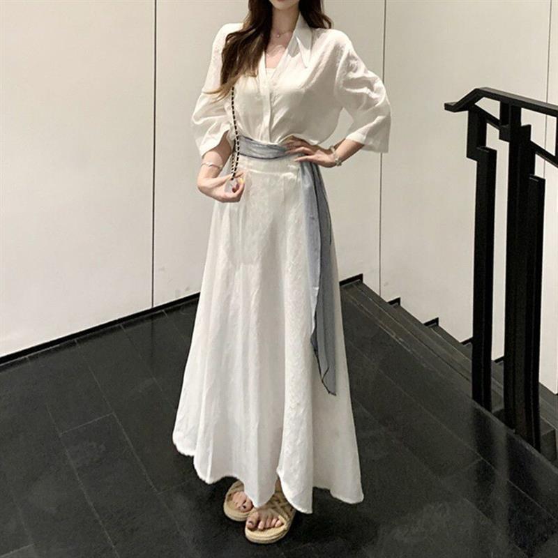 气质白色polo领衬衫上衣女2026夏季时尚套装高腰半身裙长裙两件套
