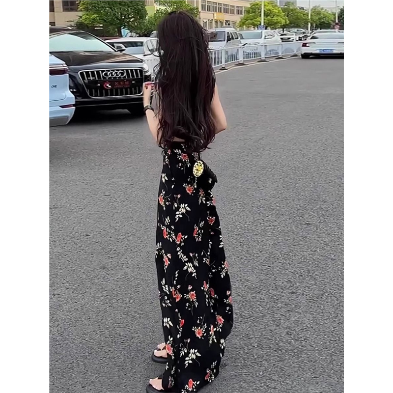 休闲潮流碎花裤子女2025年春季新款小个子黑色高腰垂感阔腿裤夏天