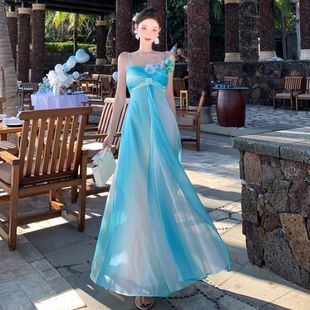 丁达尔礼服蓝色人鱼姬渐变连衣裙夏花朵多巴胺沙滩裙独特海边度假