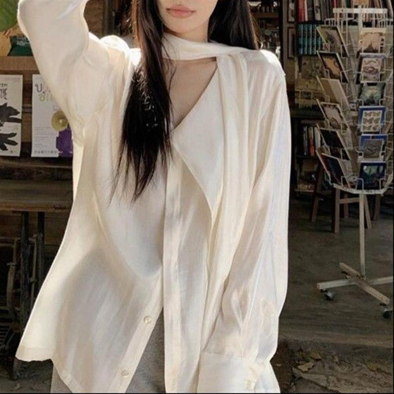 韩系白色飘带防晒衬衫外套女夏季新款高级感宽松衬衣开衫外搭上衣