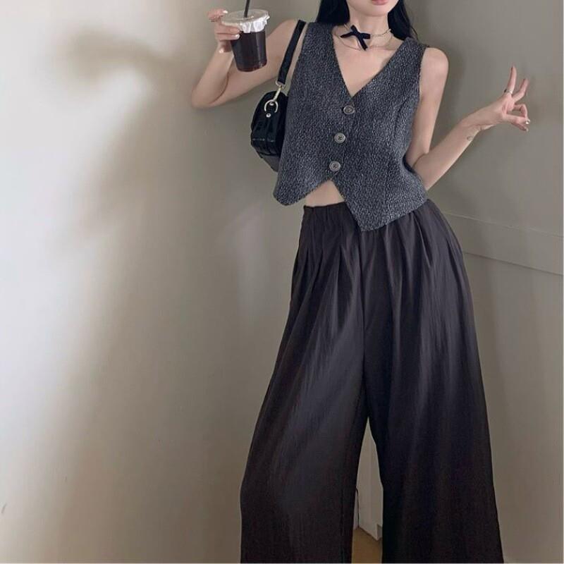小香风无袖内搭纯色马甲背心夏季修身显瘦短款外穿上衣裤子两件套