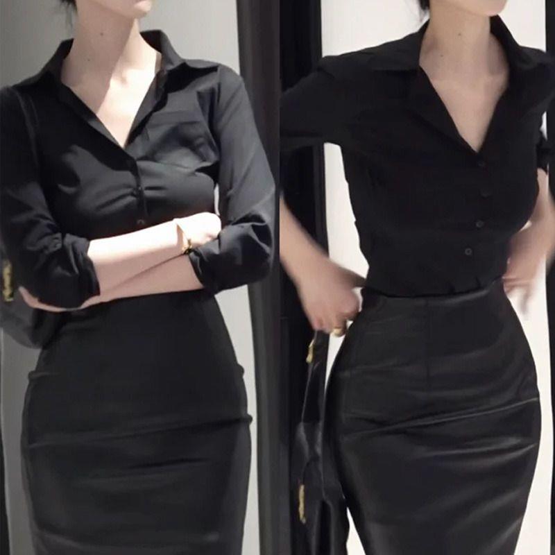 御姐风气质黑色V领长袖衬衫女春秋季通勤OL高腰包臀半身裙套装