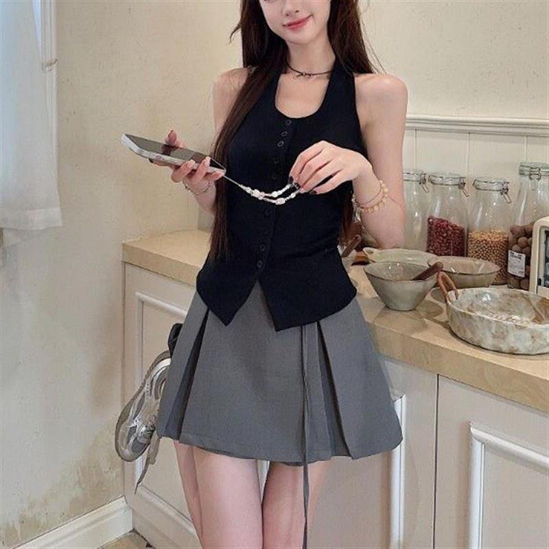 韩系新款辣妹套装黑色挂脖吊带背心女夏季高腰百褶裙半身裙两件套