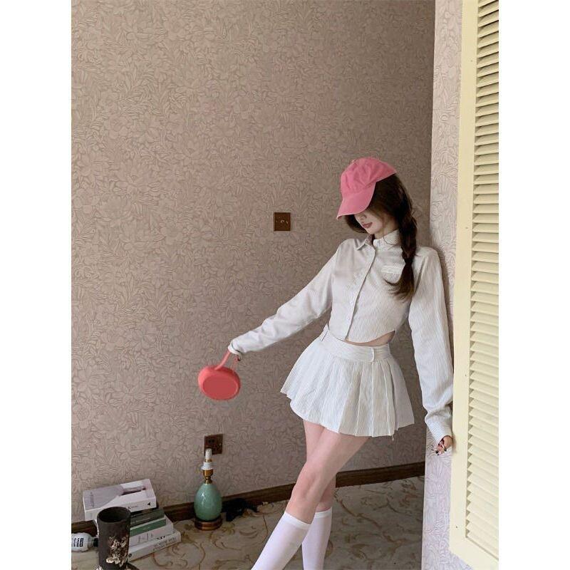 韩系穿搭百搭套装女条纹polo领长袖衬衫上衣高腰百褶半身裙两件套