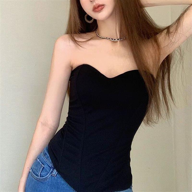 辣妹性感鱼骨抹胸背心女夏季黑色气质裹胸无肩带短款内搭上衣外穿