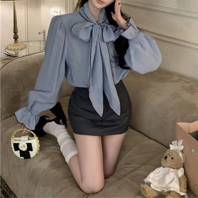 蓝色蝴蝶结系带喇叭袖衬衫女春秋新款宽松韩系衬衣小众设计感上衣