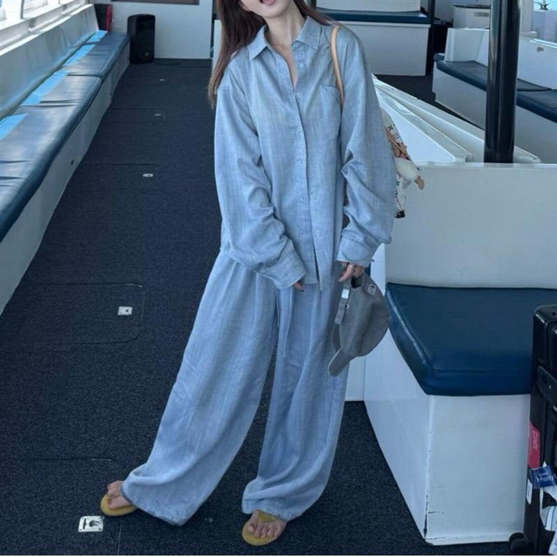 韩系简约灰蓝色2026年秋季防晒松弛感衬衫套装女慵懒百搭长裤套装