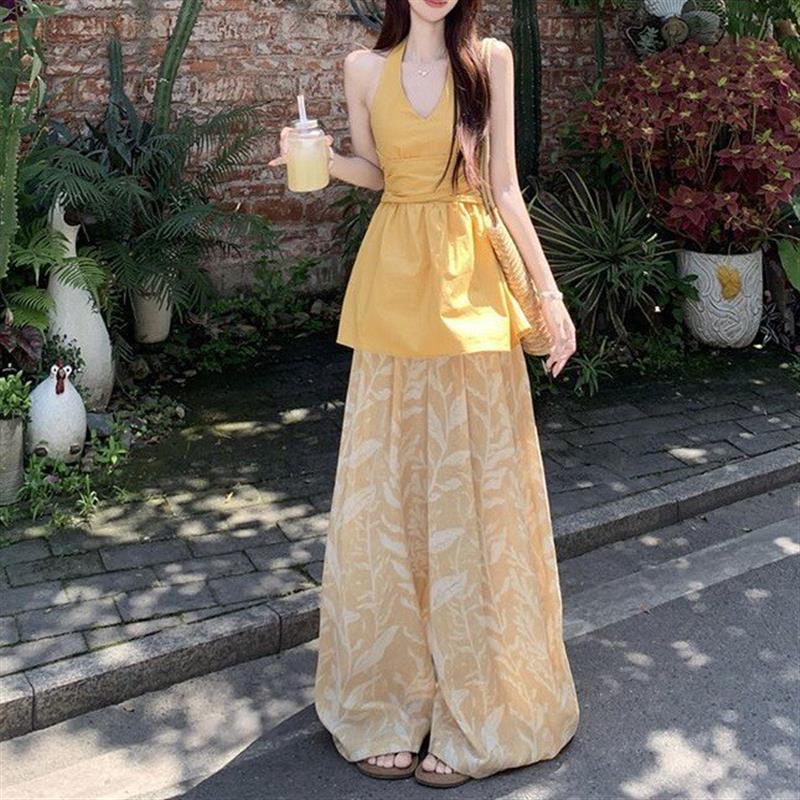 纯欲V领绑带收腰挂脖背心拖地休闲裤2026年夏季新款时尚套装女款