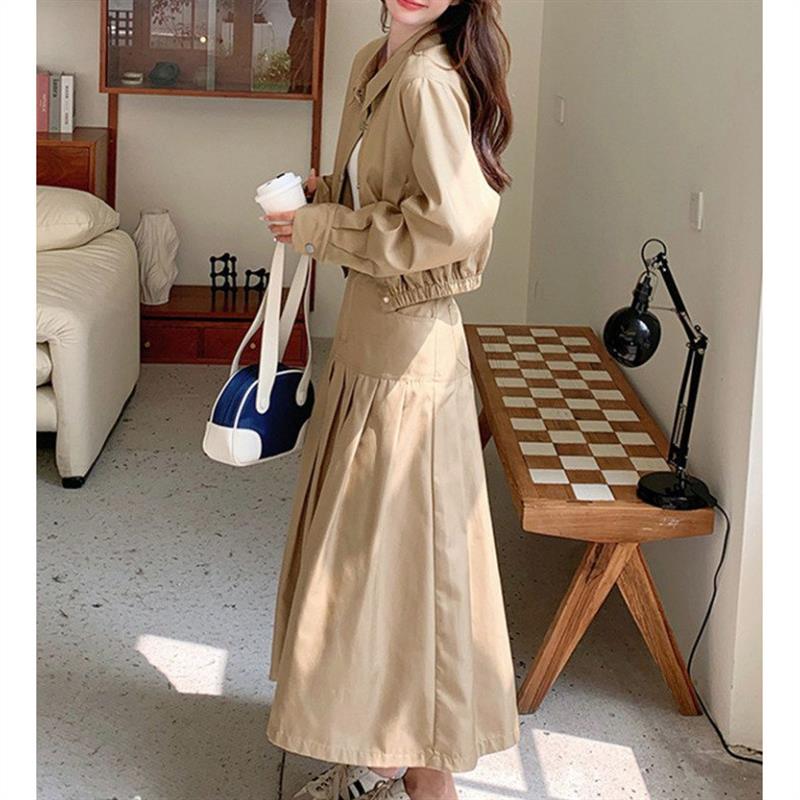 卡其色时尚休闲套装裙女春秋盐系高级感气质长袖衬衫半身裙两件套