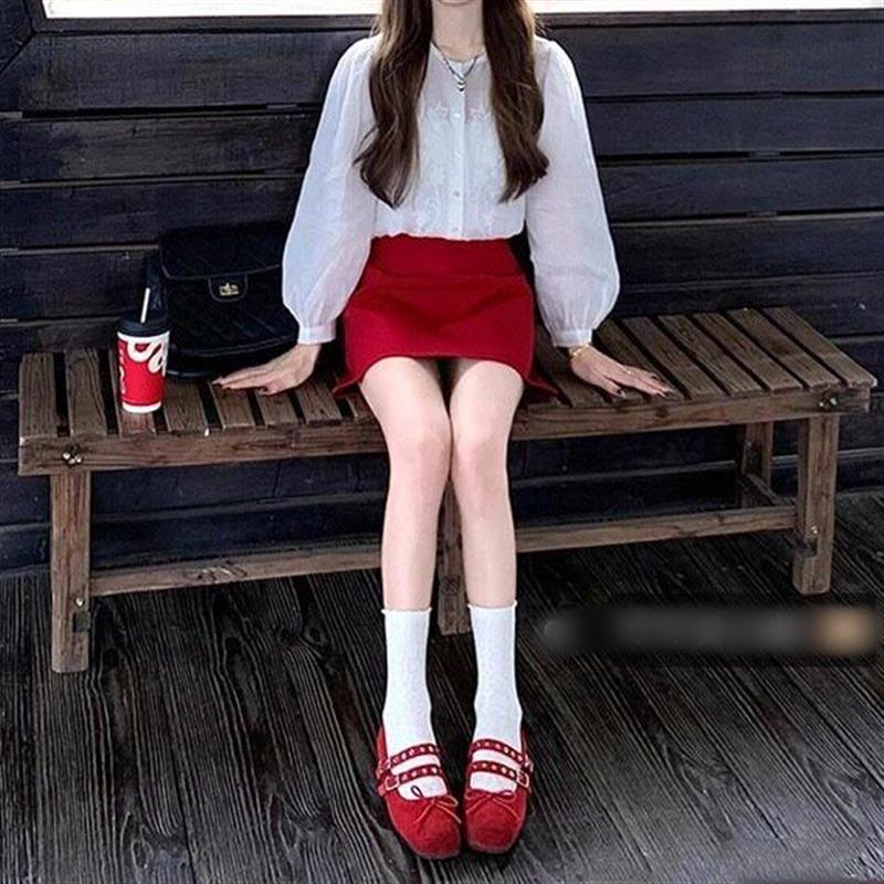 韩系气质泡泡袖衬衫甜辣妹高腰包臀短裙女2026春季新款时尚两件套
