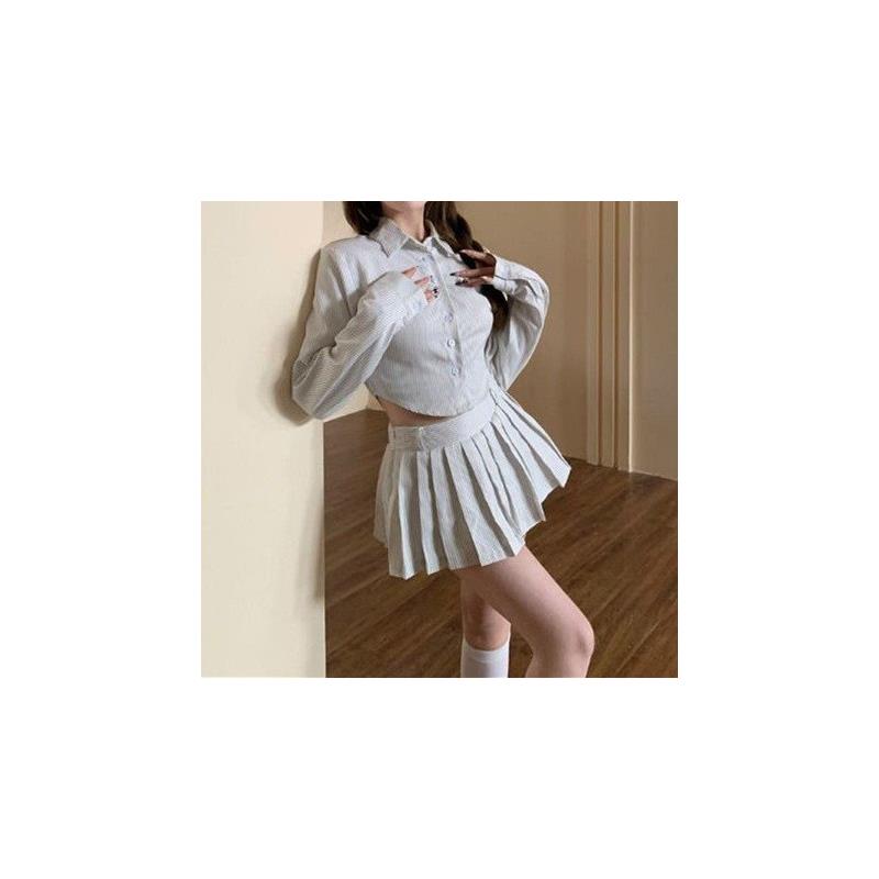 春秋韩系穿搭套装女条纹polo领长袖衬衫上衣高腰百褶半身裙两件套