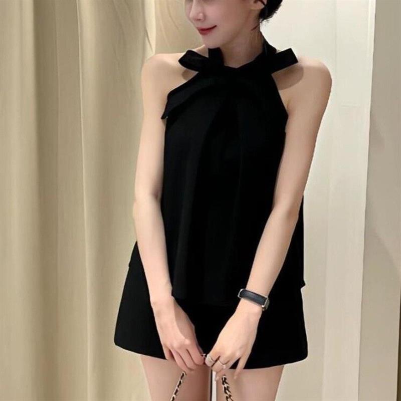 夏季一整套绝美黑色套装挂脖吊带背心搭配半身裙两件套小香风穿搭