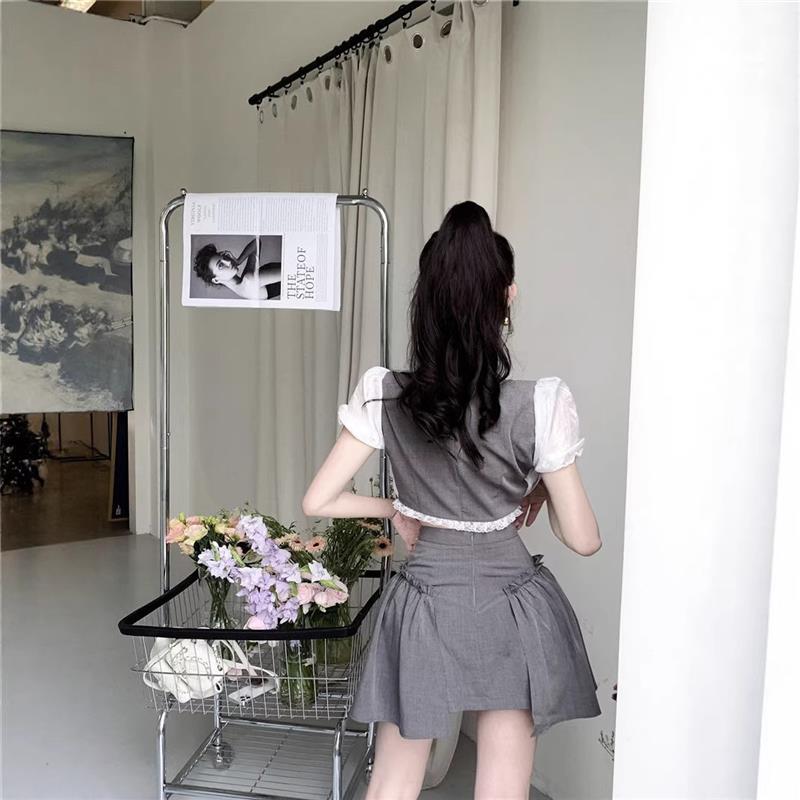 甜辣妹时尚气质花边短袖衬衫上衣女夏季纯欲套装高腰半身裙两件套