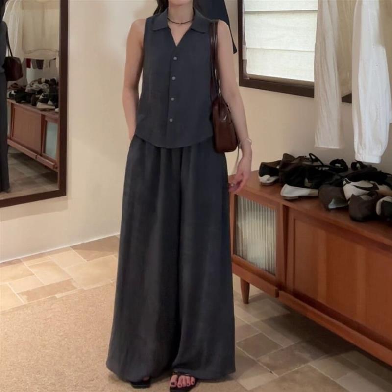 韩系新款灰色背心马甲高腰休闲裤套装女夏季简约时尚高级感两件套