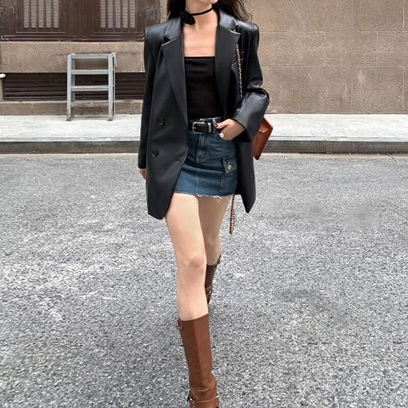 2026秋季新款纯色复古皮衣西装外套女宽松休闲气质高级感上衣女潮